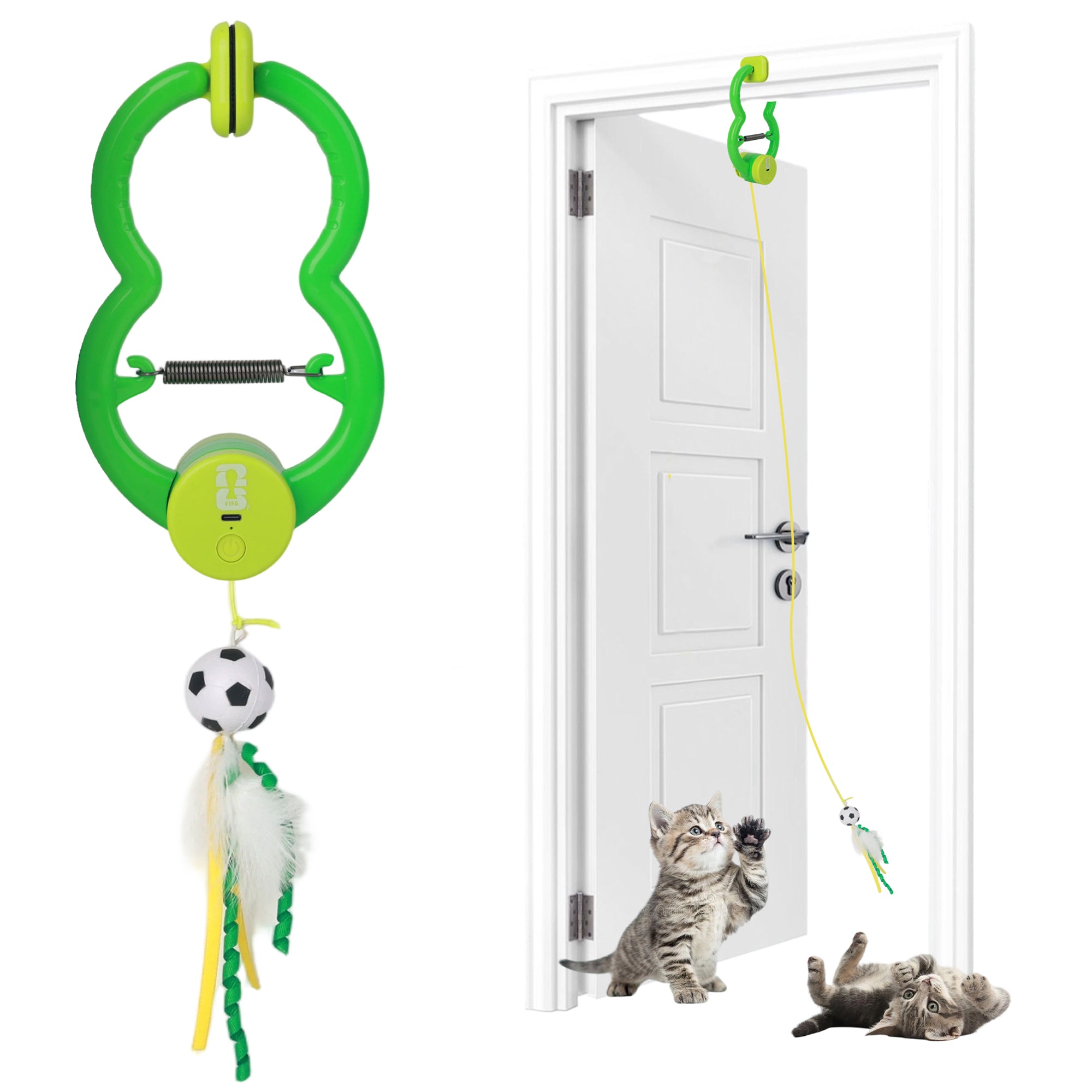 Green cat toy with hanging ball and string, attached to a white door with two cats playing below.