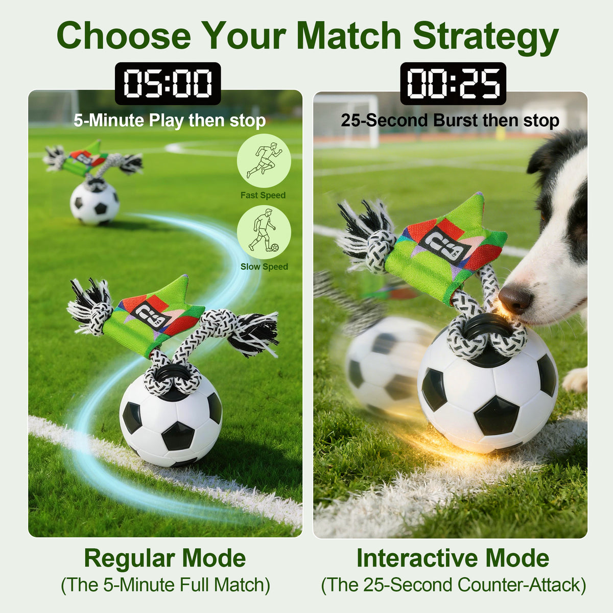 Two modes of a dog toy with soccer ball and rope, one labeled 'Regular Mode' and the other 'Interactive Mode', on grass.