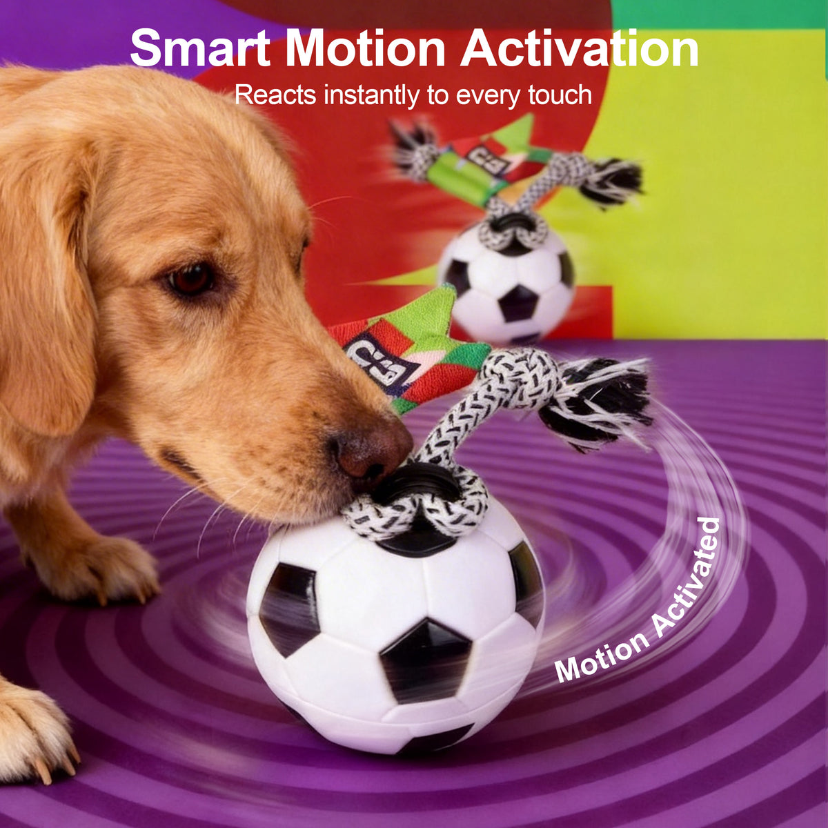 Dog playing with a soccer ball toy featuring smart motion activation text.