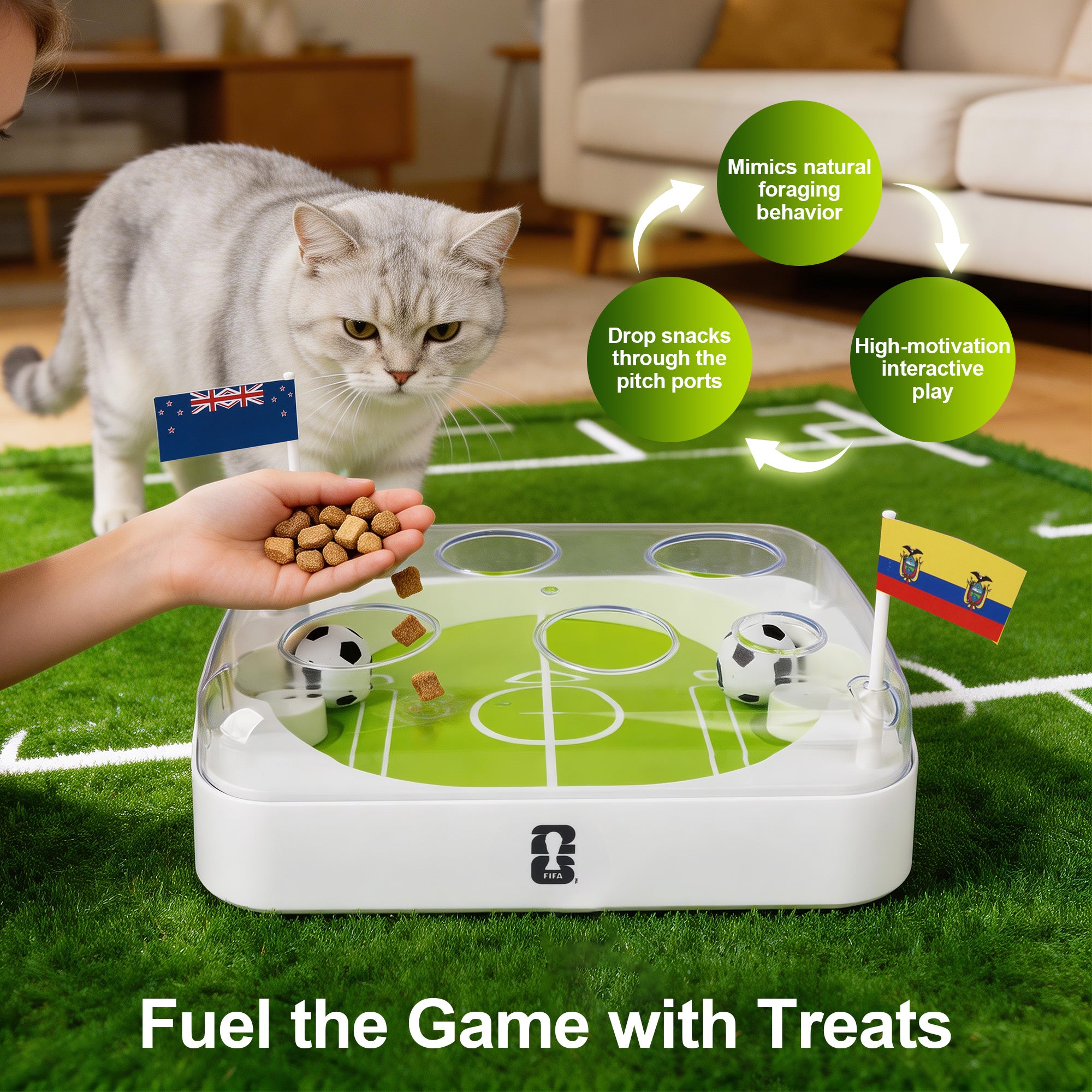 Cat playing with a interactive pet toy on a grass-like surface, with text highlighting features.