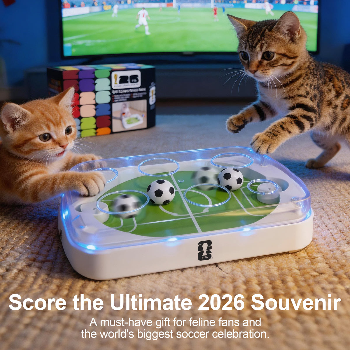Two kittens playing with a soccer-themed toy on a table, with a TV in the background showing a soccer game.