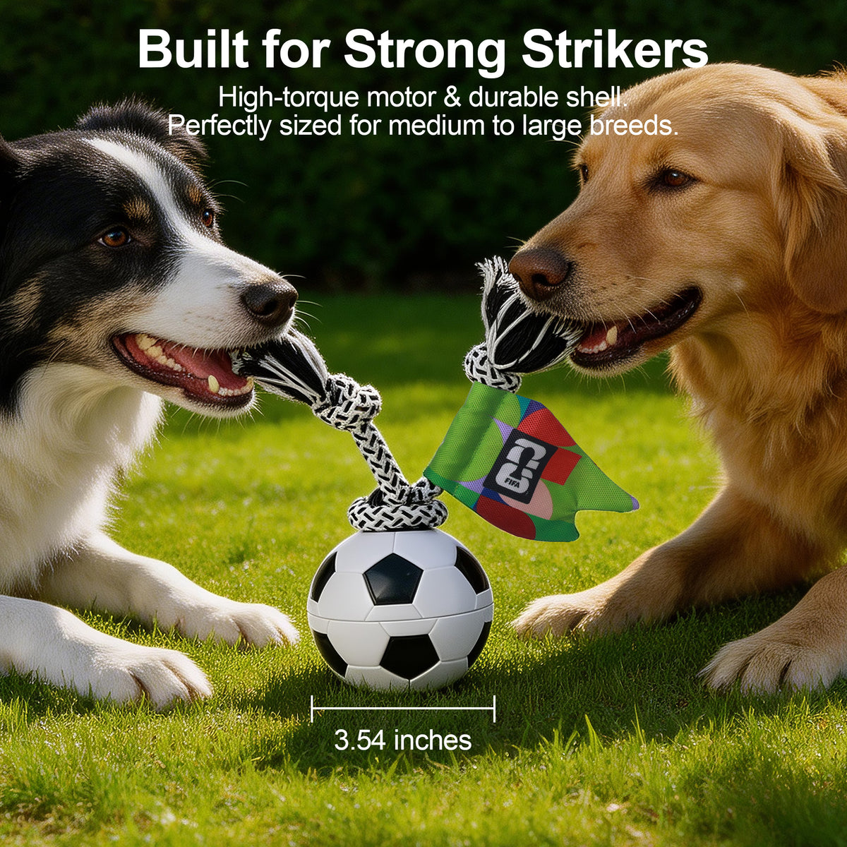 Two dogs playing with a soccer ball and rope toy on grass, with text about the product's features.