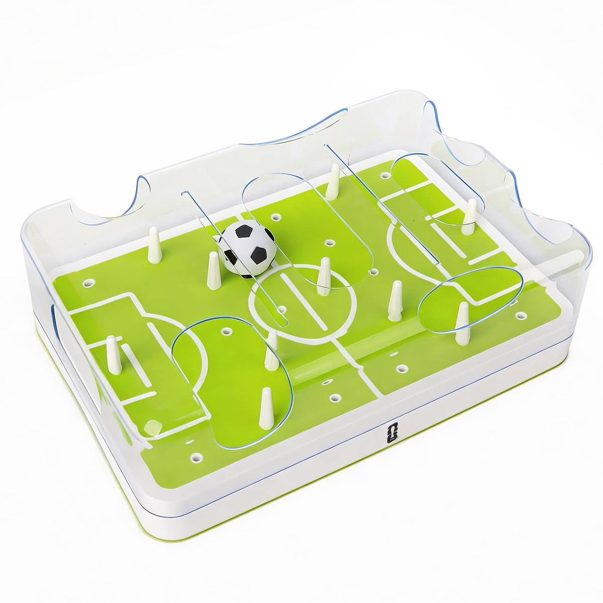 Tabletop soccer game with a ball on a green field layout.