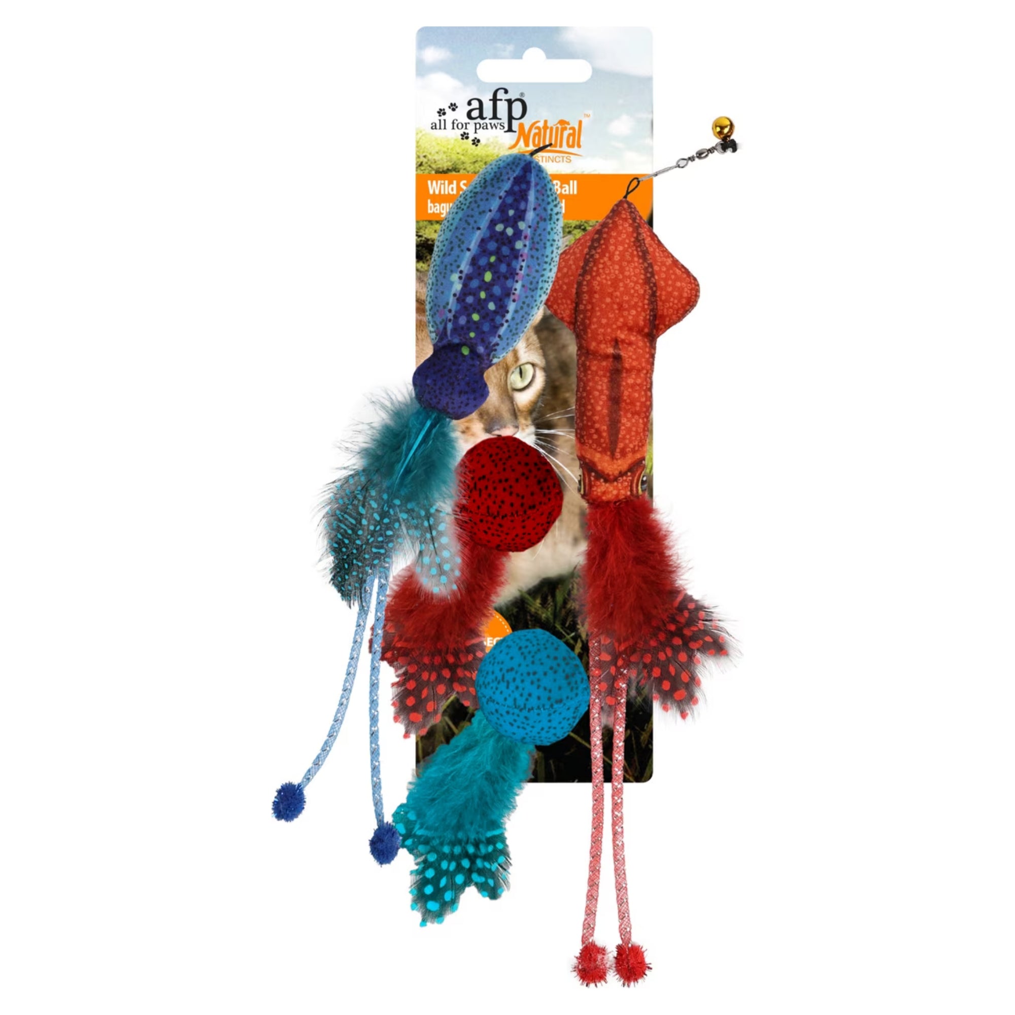 A packaged cat toy set hanging from a retail card. The set includes a blue spotted toy, red and teal feathers, a red ball, a blue pom-pom, and a pink string toy, with the brand name 'afr all for pets Neua!' visible on the packaging.