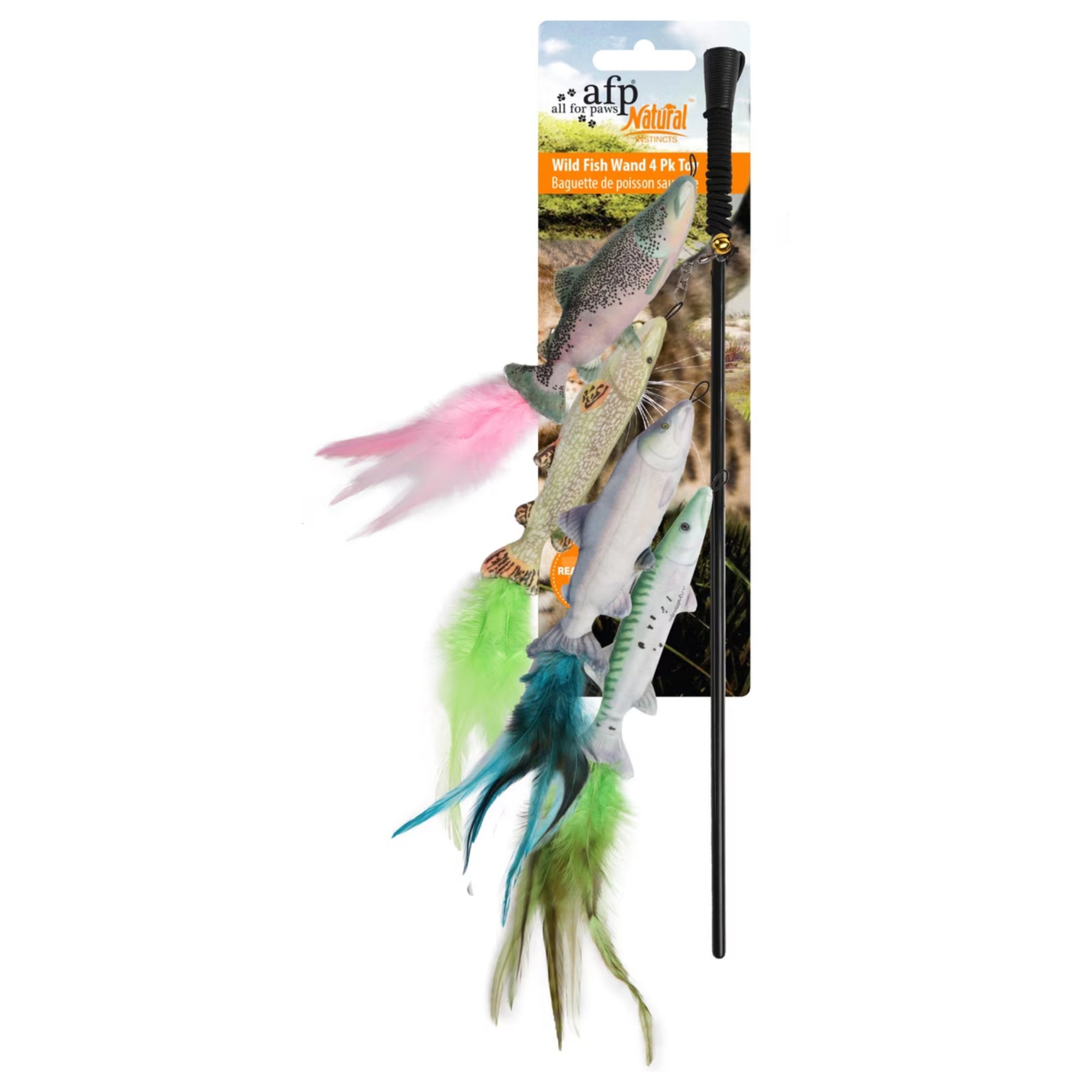 A cat toy fishing set on a black stick with four fish-shaped lures and colorful feathers, shown against a plain white background.