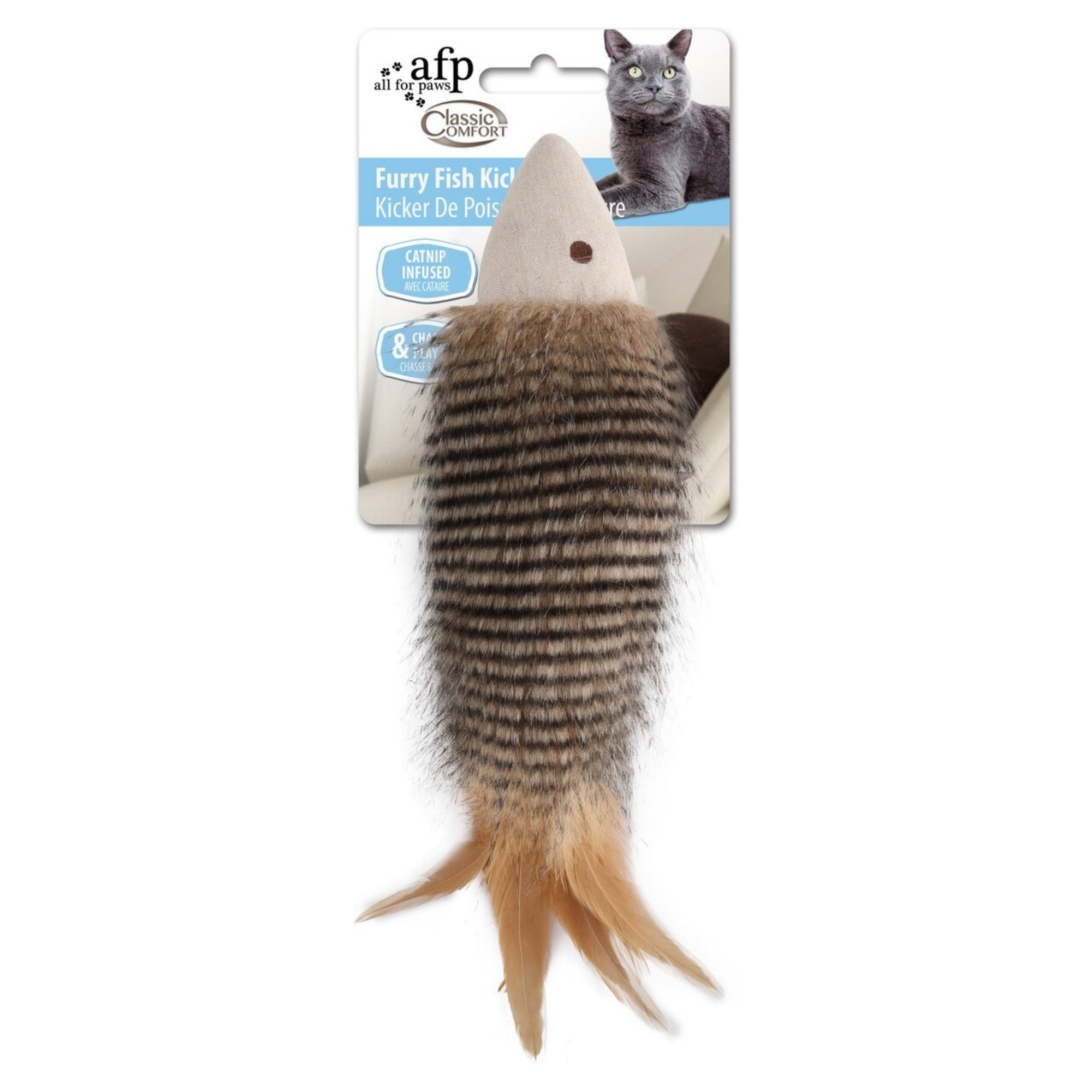 A packaged cat toy shaped like a fish, with a gray and black striped body, tan underside, and feathered tail, hanging against a white background. The card packaging shows the brand AFP and the product name 'Furry Fish Kicker'.