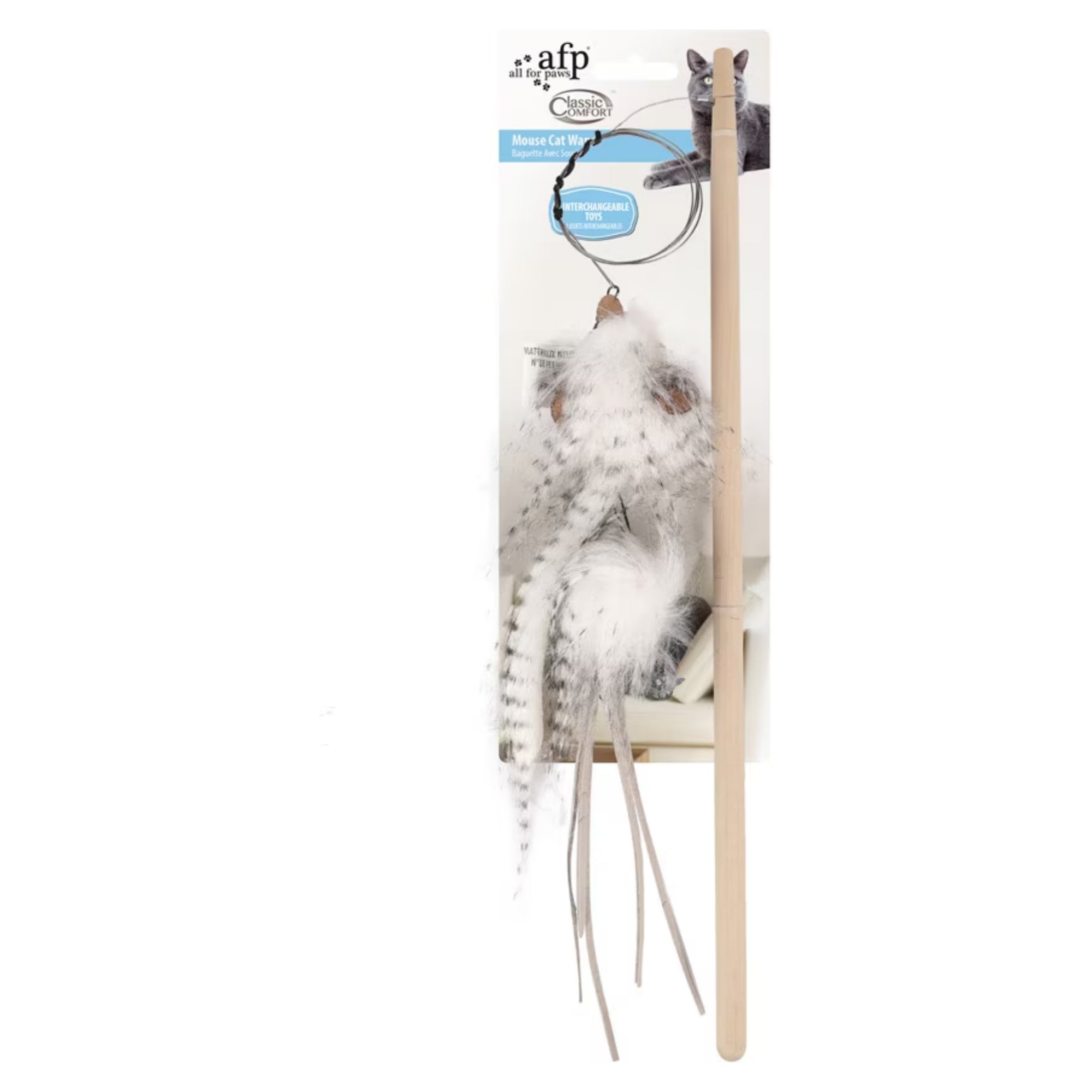 A packaged cat toy consisting of a light wood stick, a white and gray feather, and long gray feather tails, attached to a clear plastic ring. The product is shown in its retail packaging against a plain white background.