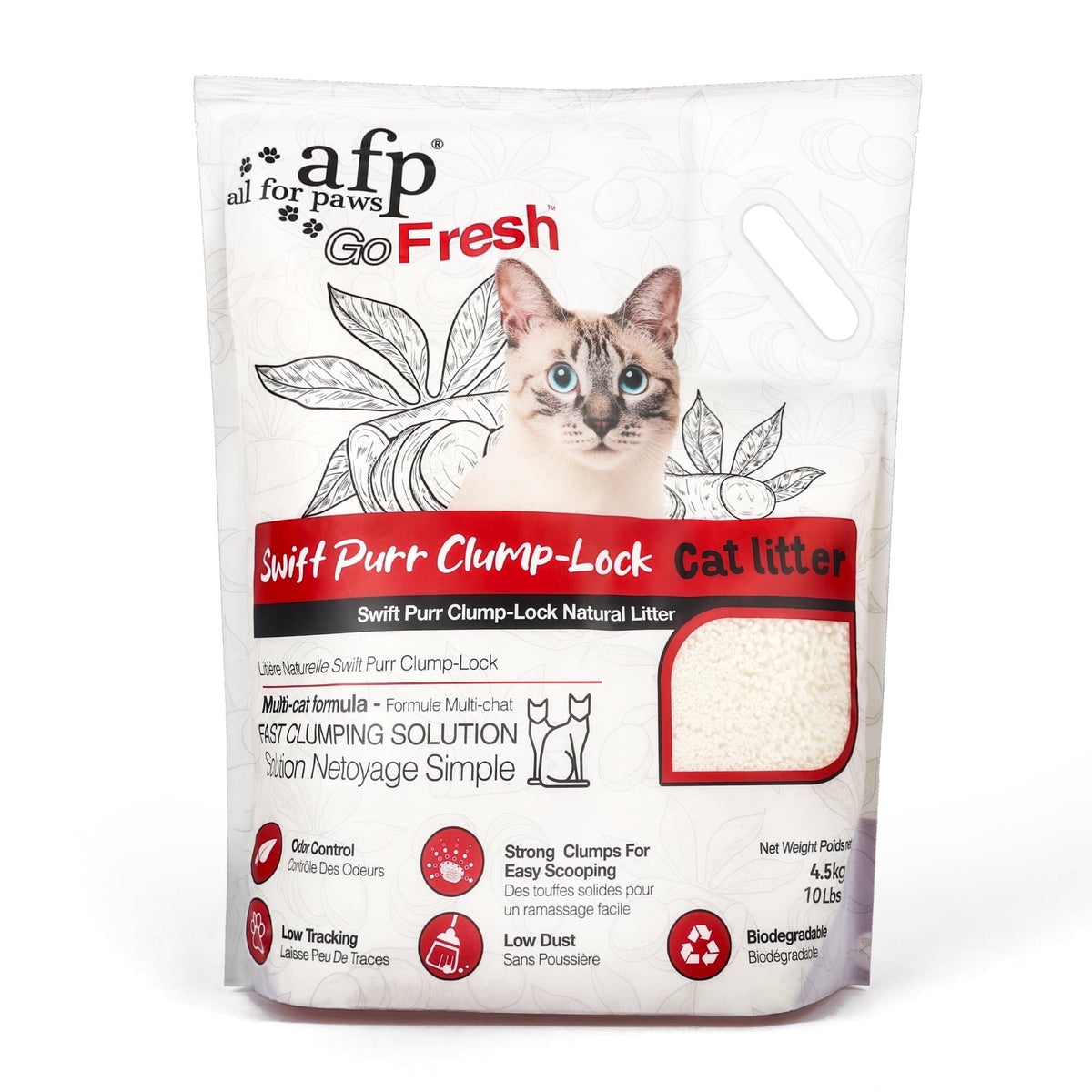 Package of all for paws Go Fresh Swift Purr Clump-Lock cat litter with a cat illustration on a white background.