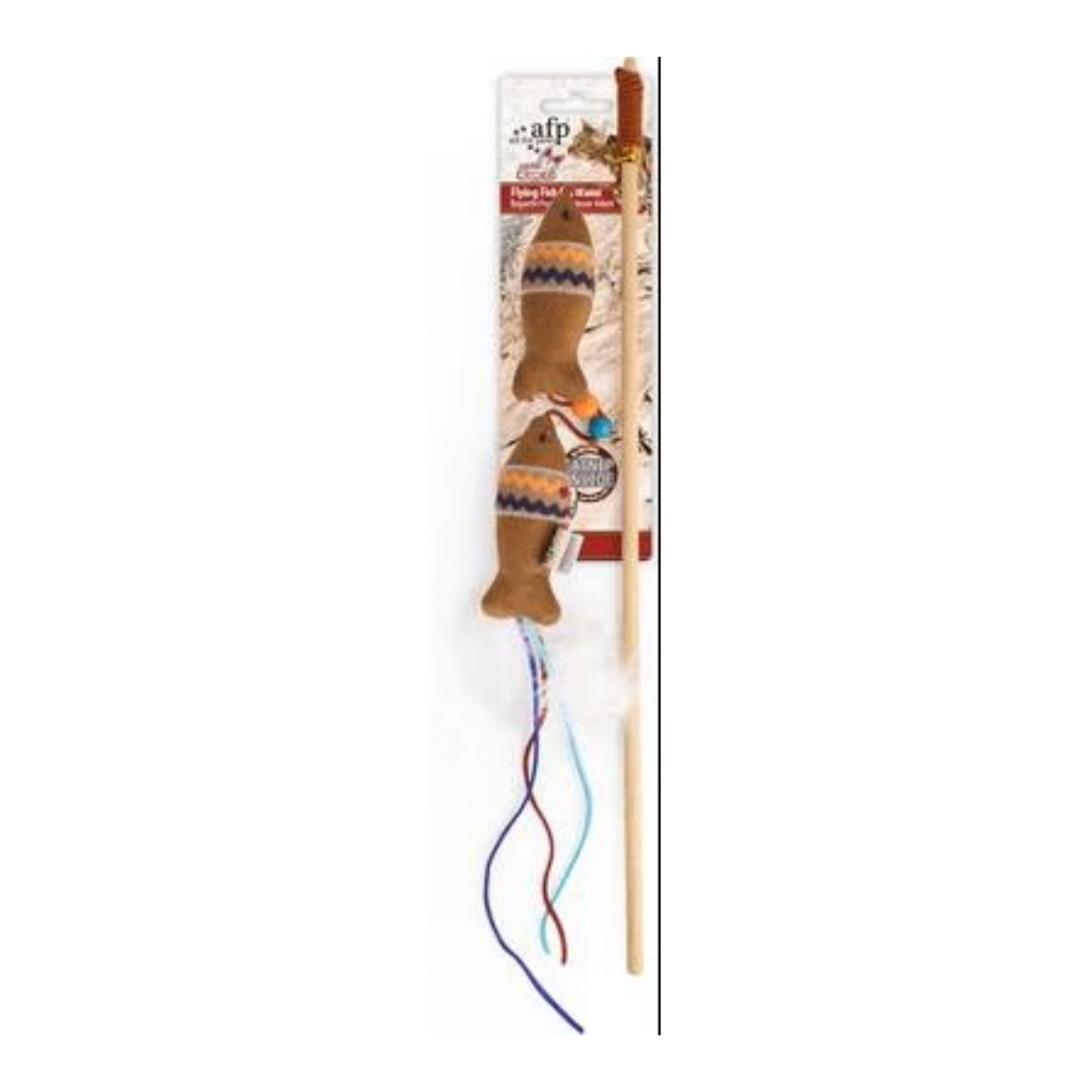A cat wand toy with a wooden stick, colorful woven ball, and fish-shaped toy, shown in its retail packaging against a white background.