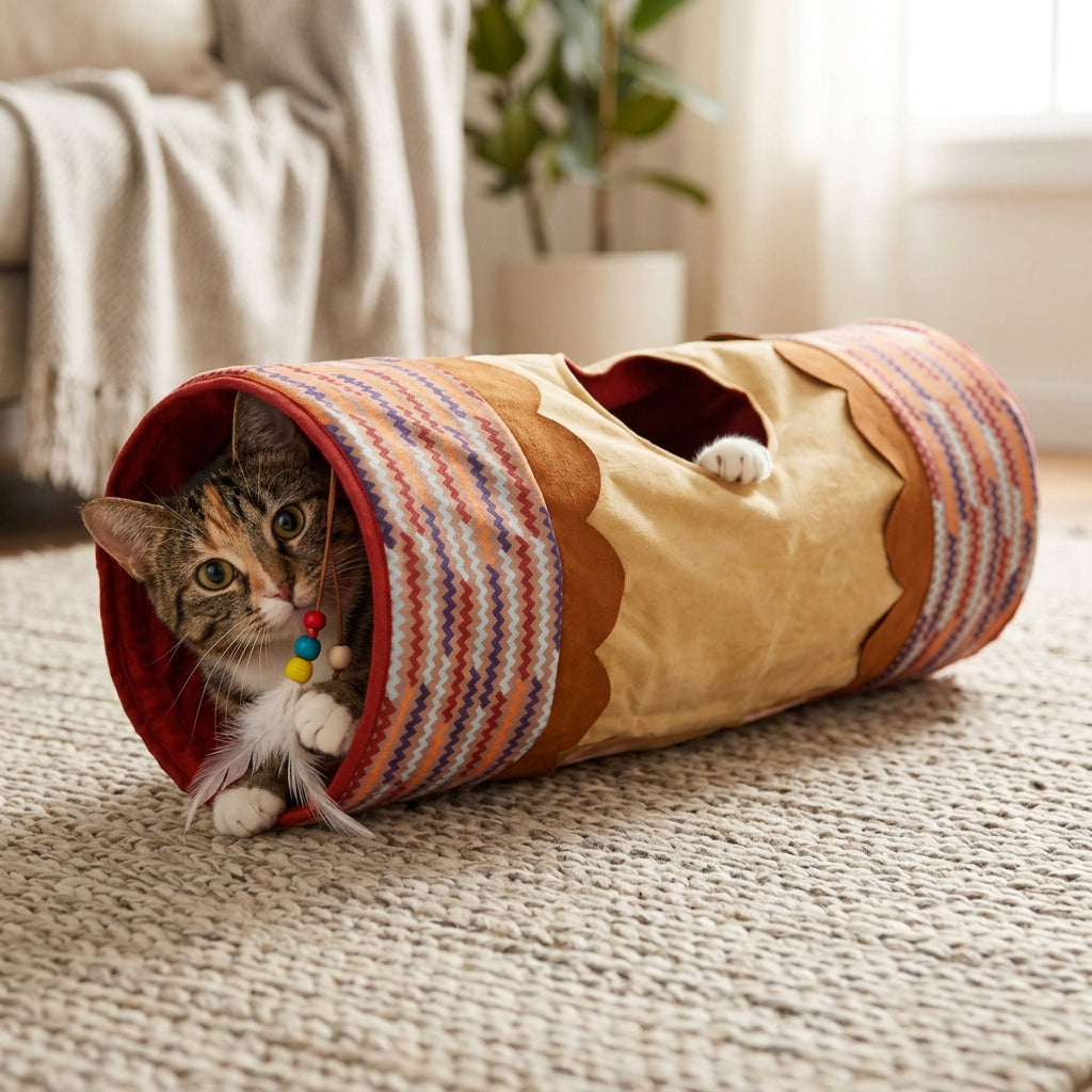 Allforpaws Dreamcatcher‑styled Yingura Tunnel Cat Toy, Beige, 24-in