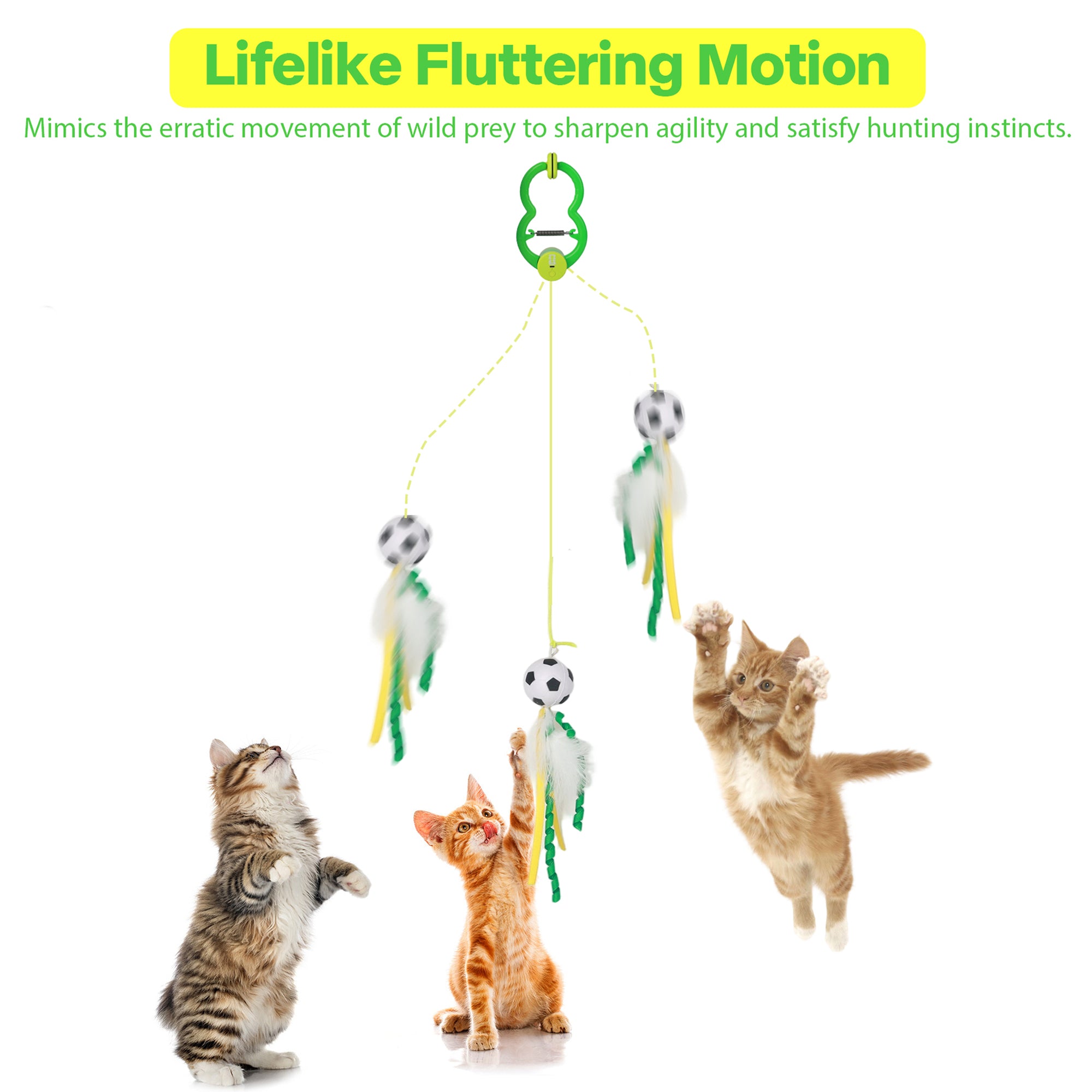 Cat toy with fluttering motion features and cats interacting with it on a white background.