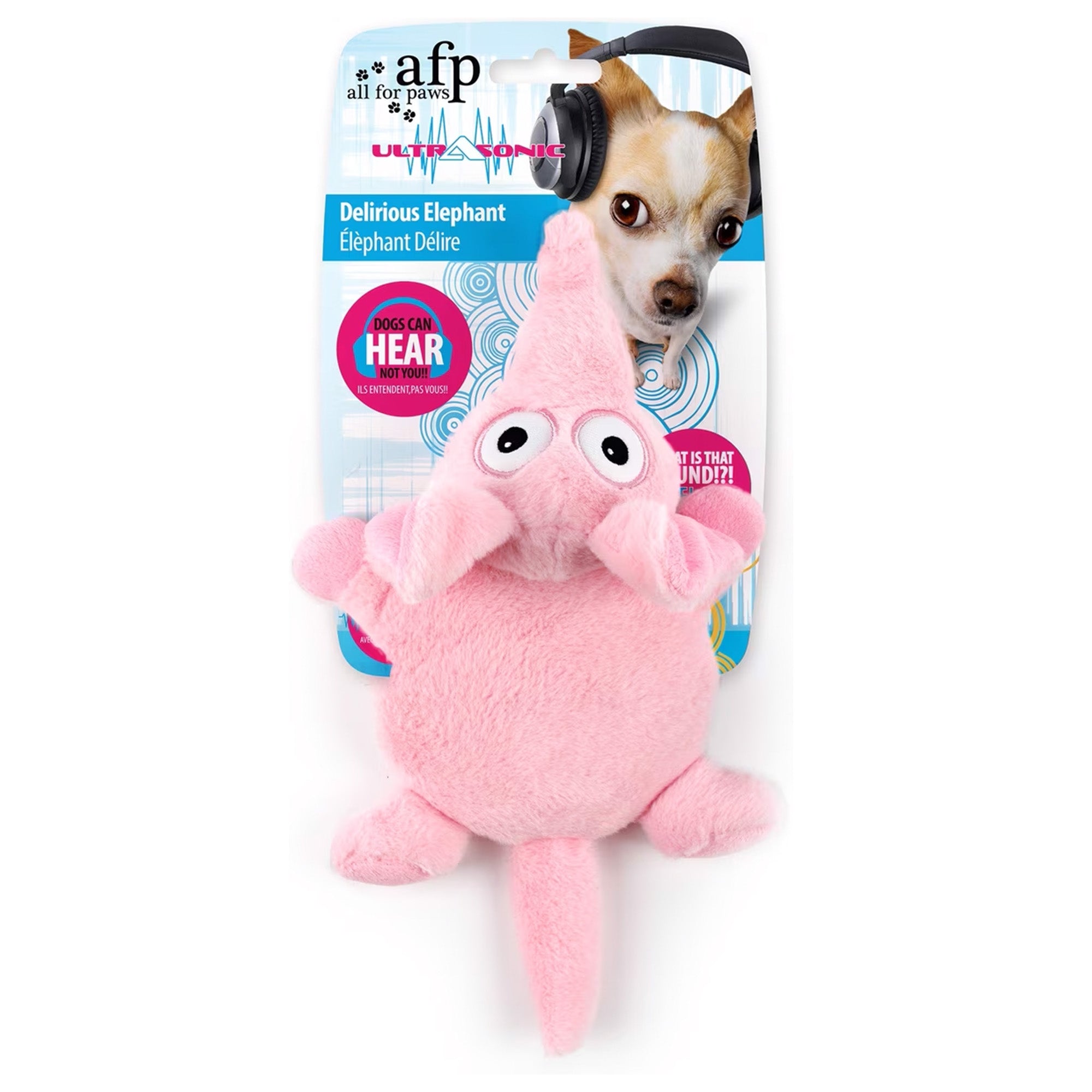 Pink elephant-shaped toy with headphones on a white background