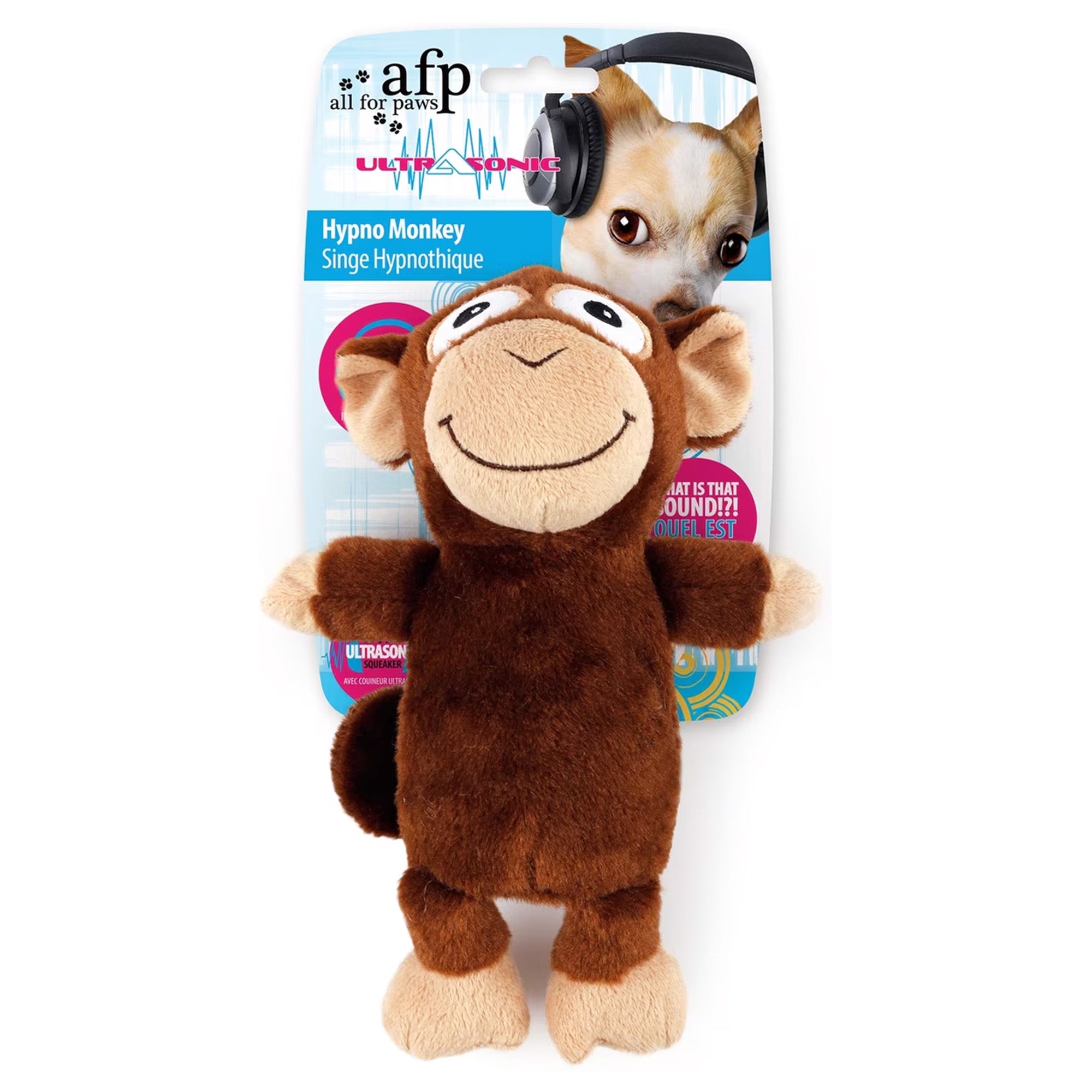 Plush monkey toy with packaging featuring 'afp' brand on a white background