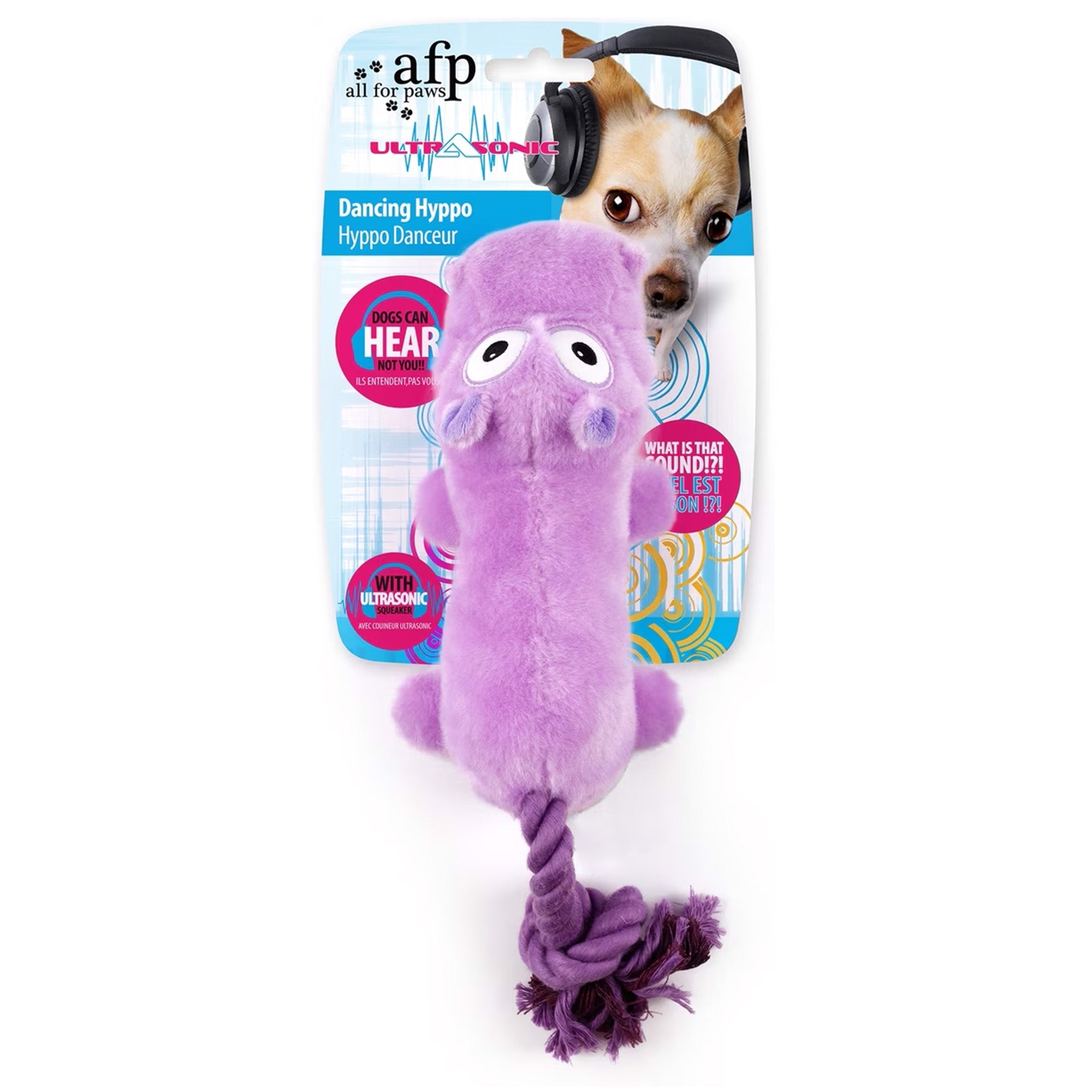Purple dog toy with a packaging background featuring 'all for paws' branding.