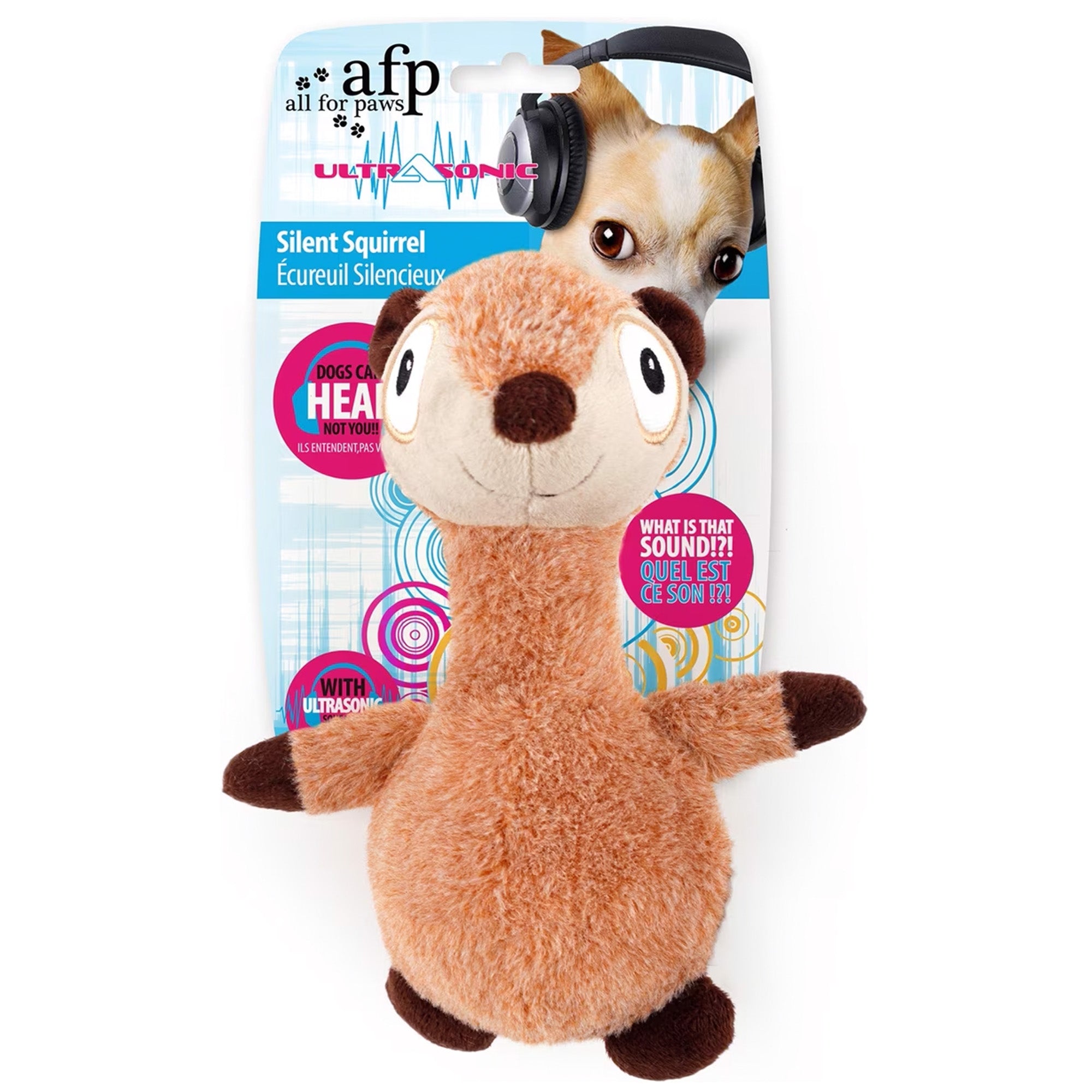 Plush squirrel toy with packaging featuring 'all for paws' branding on a white background