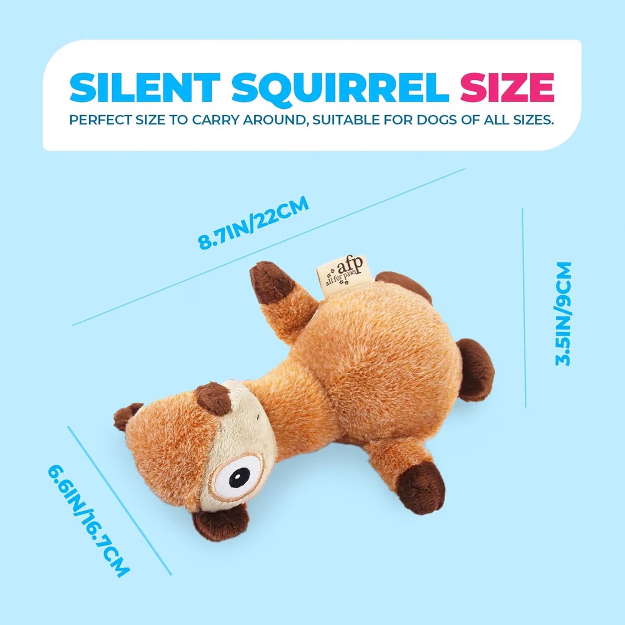 Plush toy squirrel with dimensions on a blue background