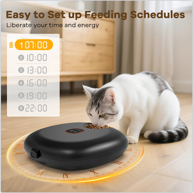 Smart 6-Meal Automatic Pet Feeder, Black, Programmable Timed Feeding for Dogs & Cats