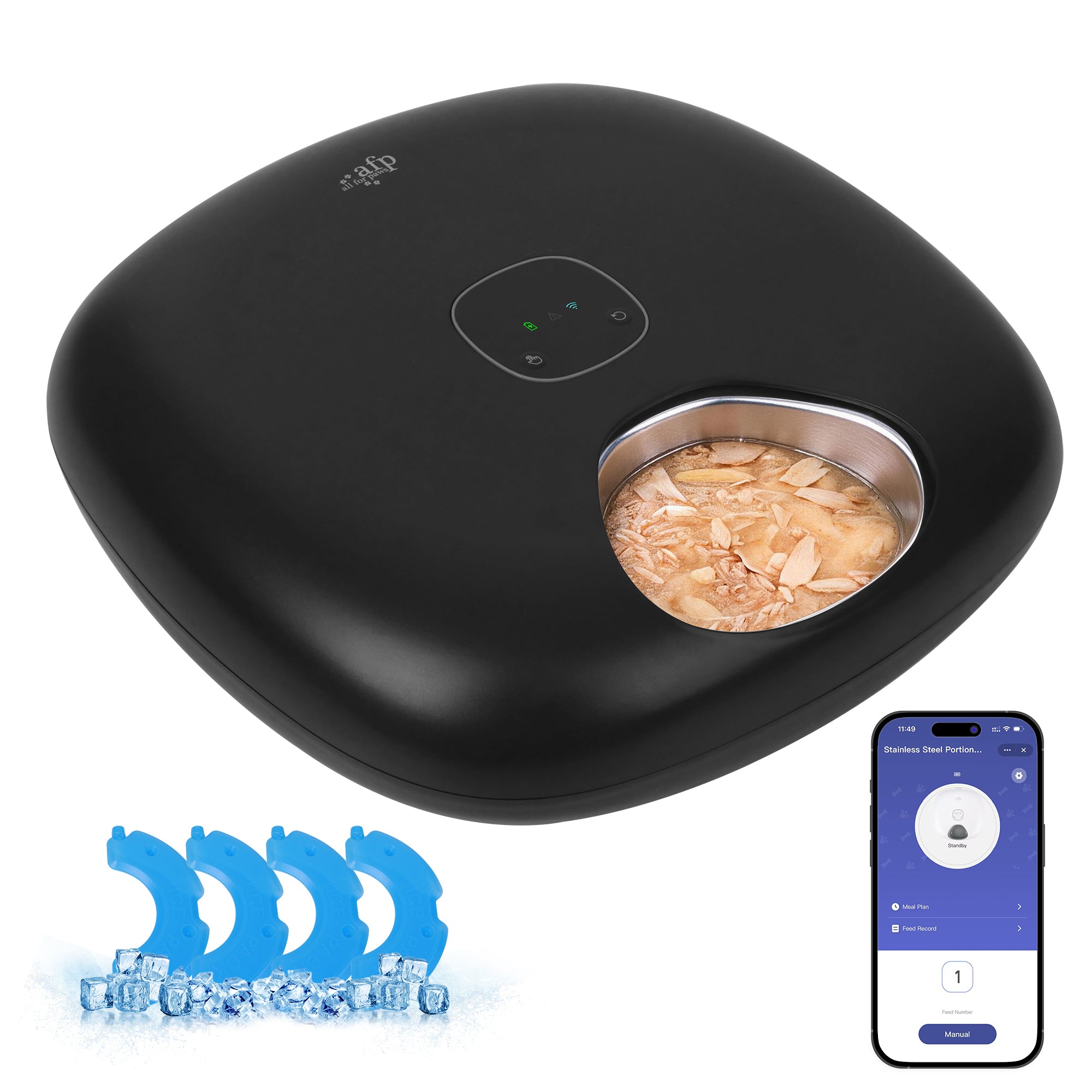 A black heated cupping massage device with a transparent window showing warm oil inside, shown on a white background with a smartphone app screen and blue ice graphics.