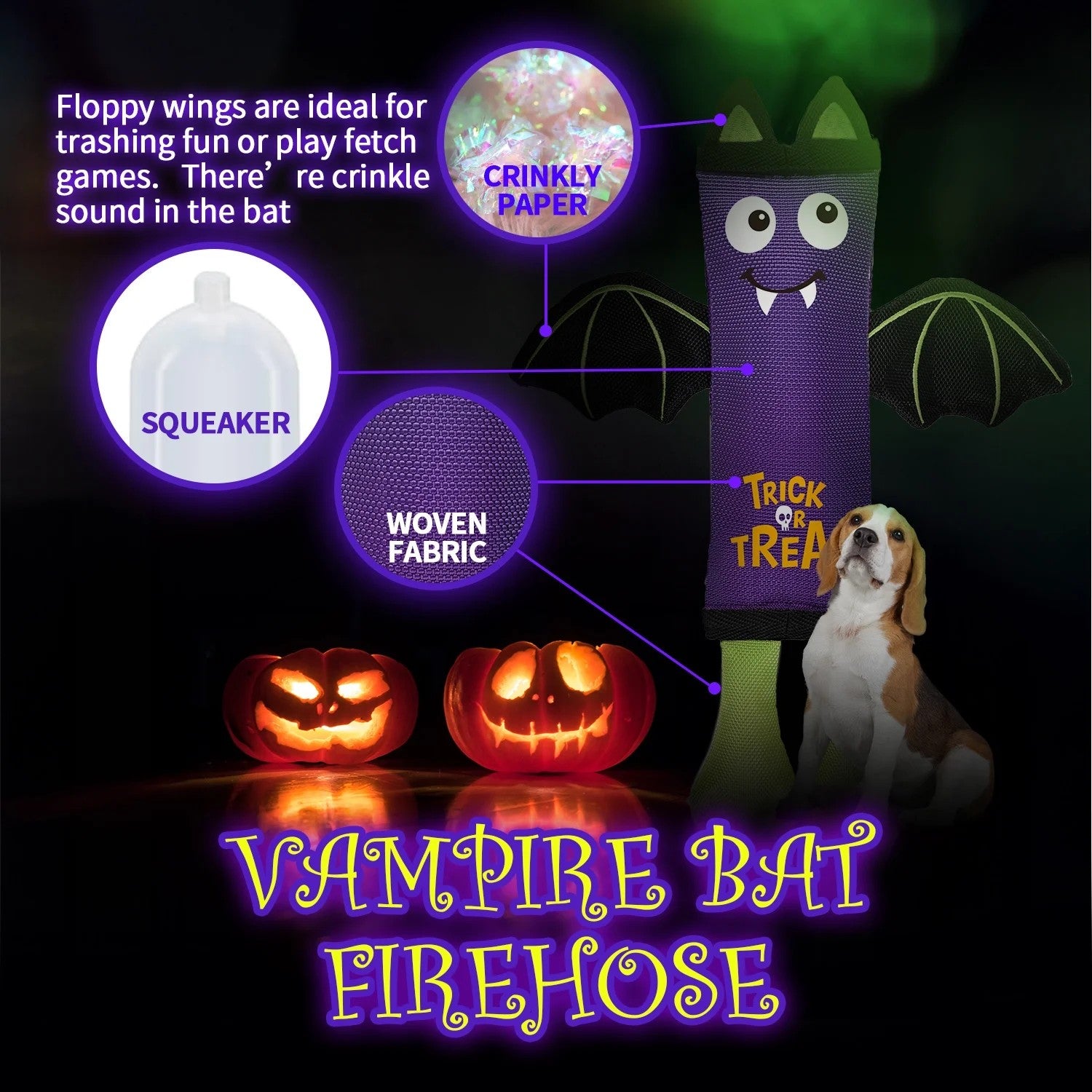 Happy Halloween Firehose Vampire Bat Dog Toy