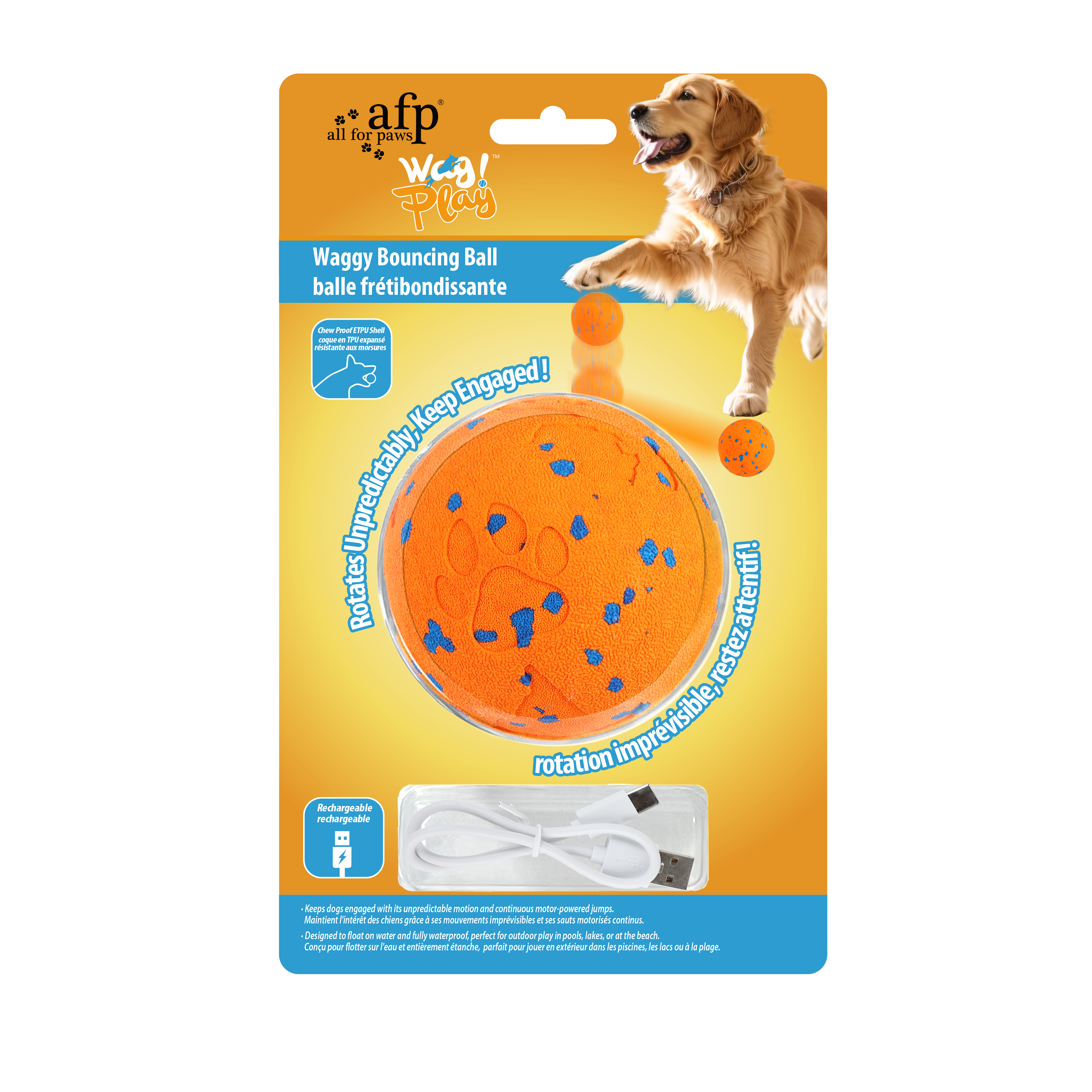 AFP Waggy Bouncing Ball | Motion Activated Interactive Dog Toy, USB Rechargeable 2 Modes Unpredictable Rotating Bouncing Ball