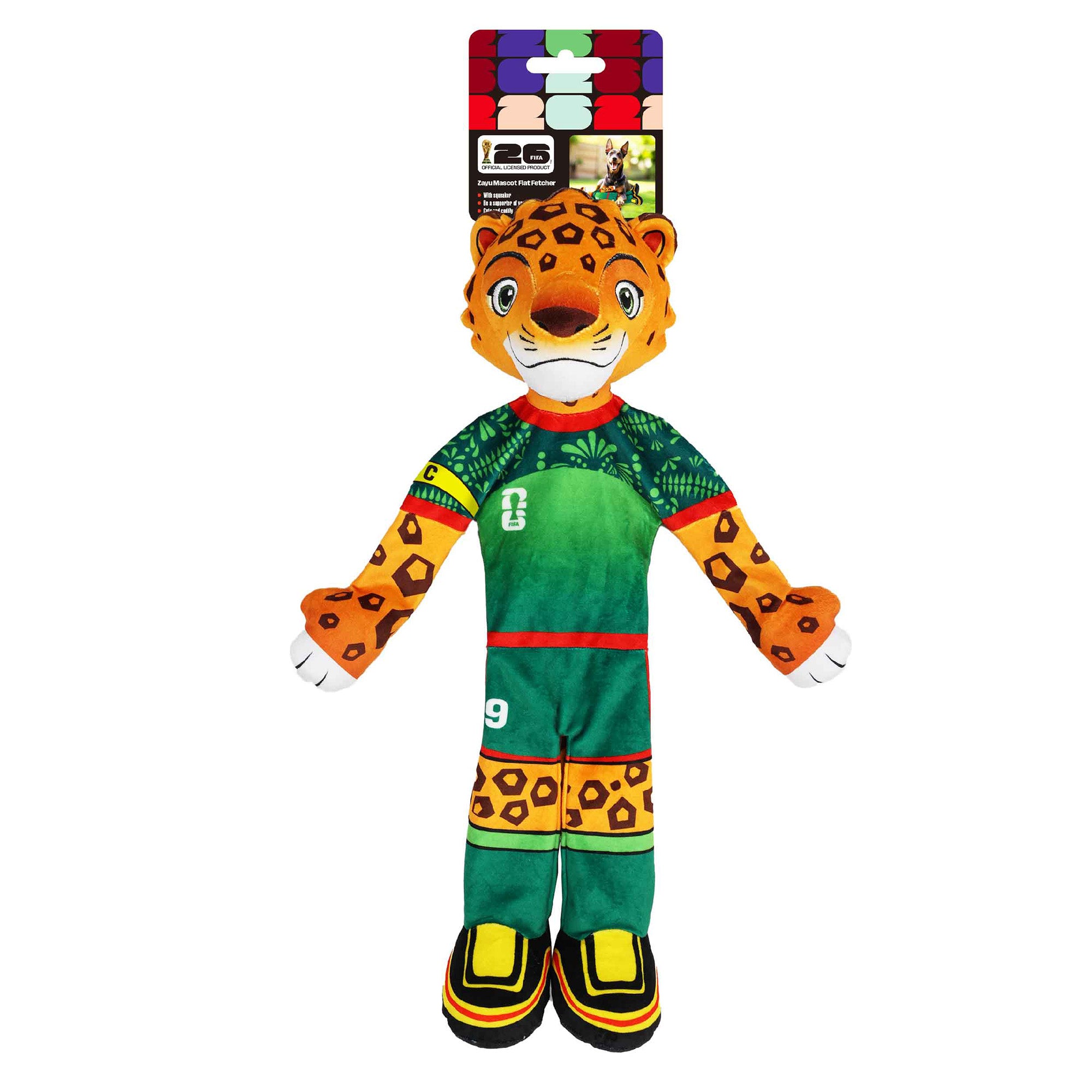Plush toy leopard in a green outfit with a colorful packaging on a white background