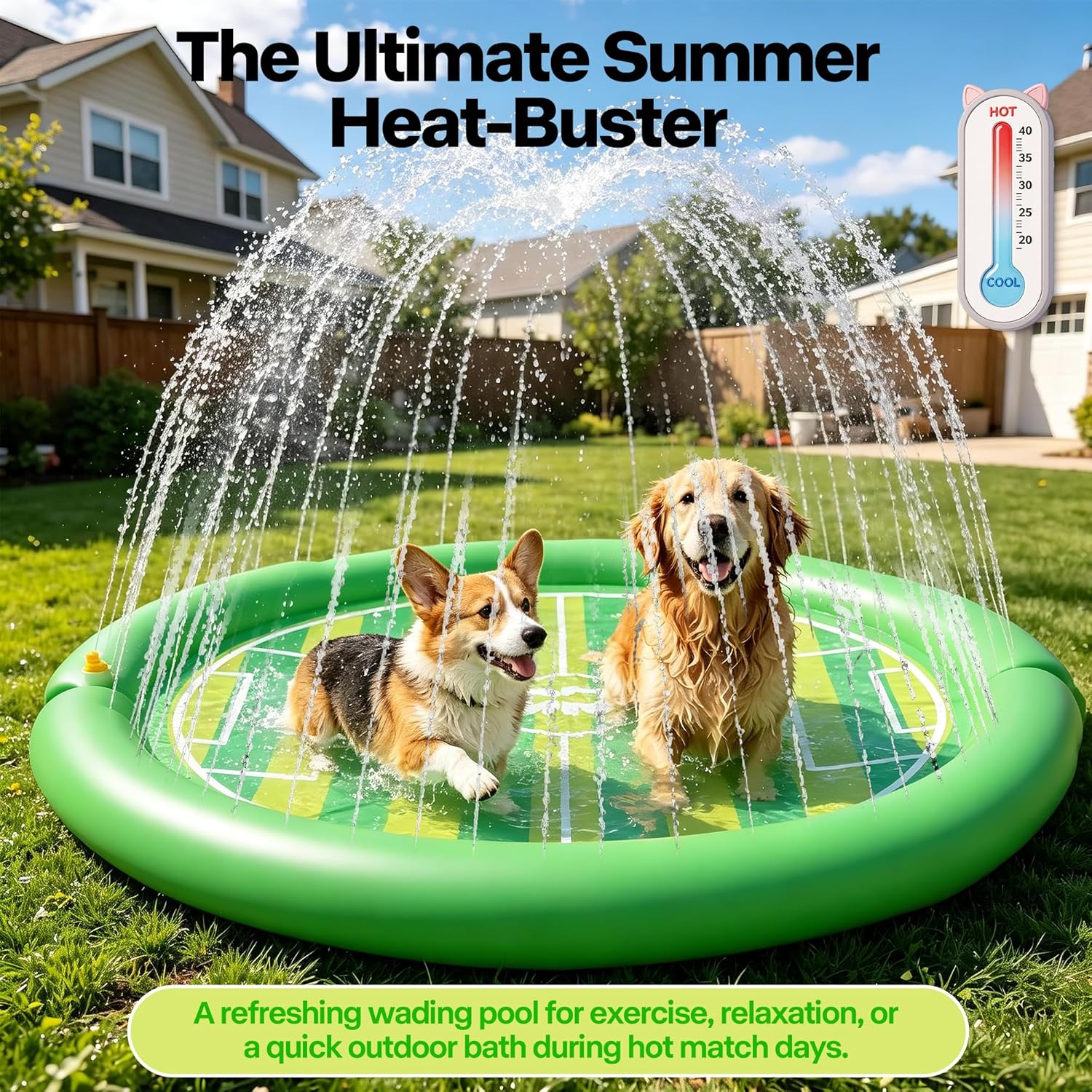 Two dogs playing in a green inflatable splash pad with water splashing around, set against a suburban backdrop.