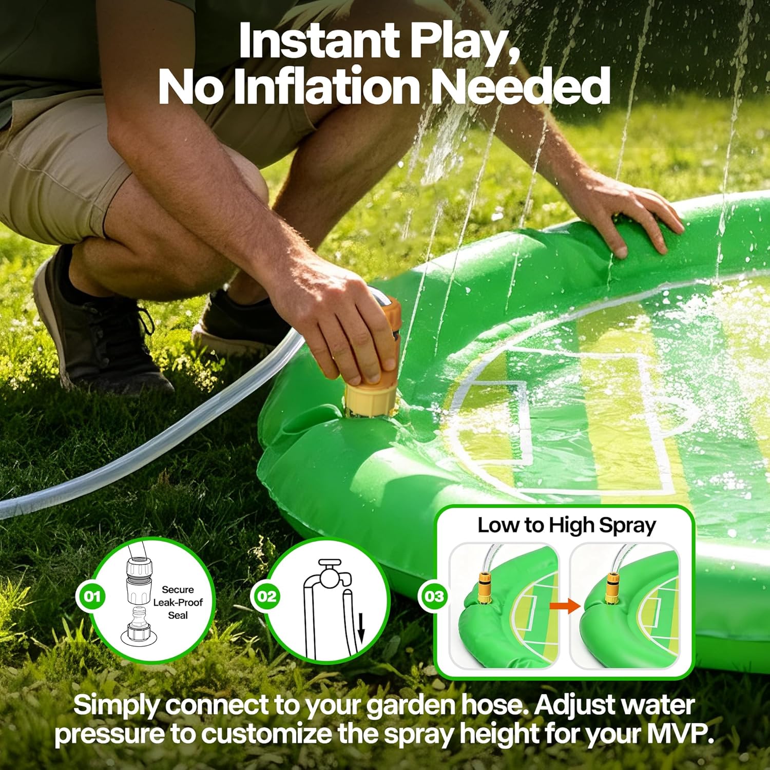 Person inflating a green inflatable play mat with a garden hose on grass, featuring text about instant play and no inflation needed.