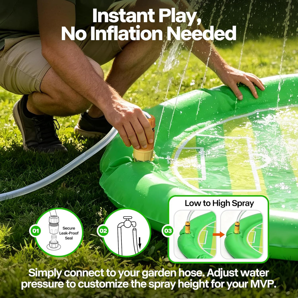 Person inflating a green inflatable play mat with a garden hose on grass, featuring text about instant play and no inflation needed.
