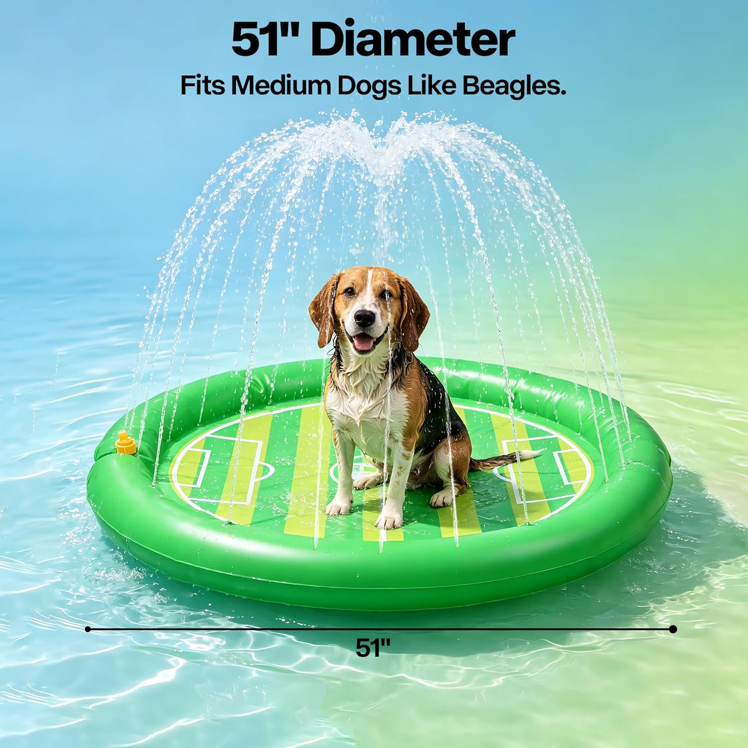 Inflatable dog play pad with water sprayer and a dog sitting on it, labeled 51” Diameter.