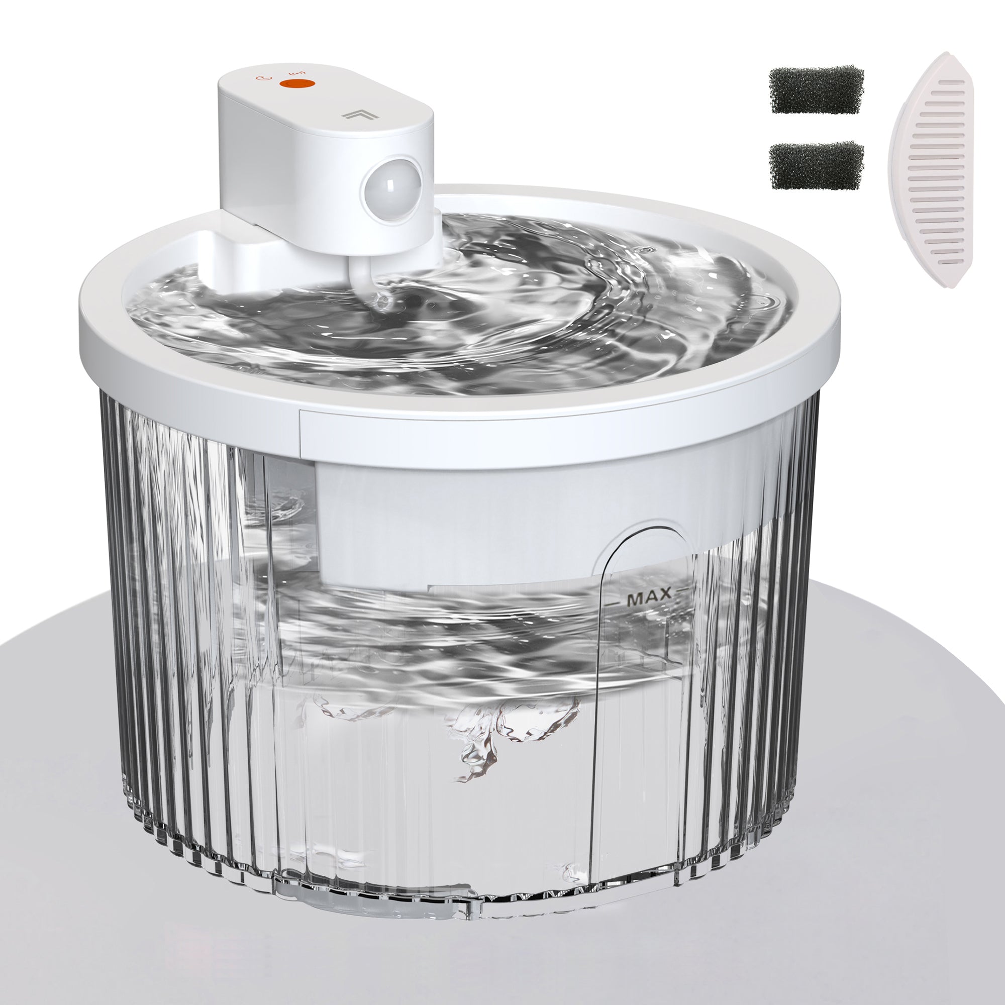 Pet water fountain with additional filters and a brush on a white background