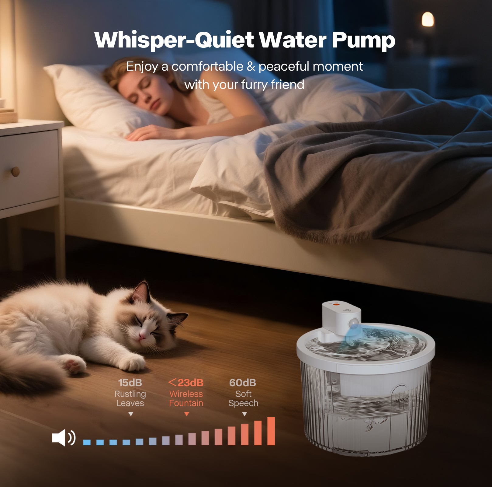 Woman sleeping in bed with a cat next to a whisper-quiet water pump in a bedroom setting.