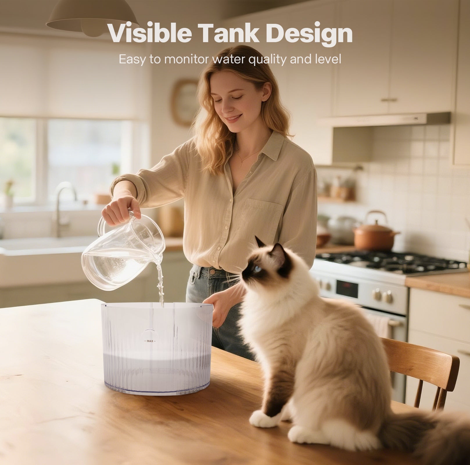 Woman pouring water into a pet water dispenser with a cat watching, in a kitchen setting.