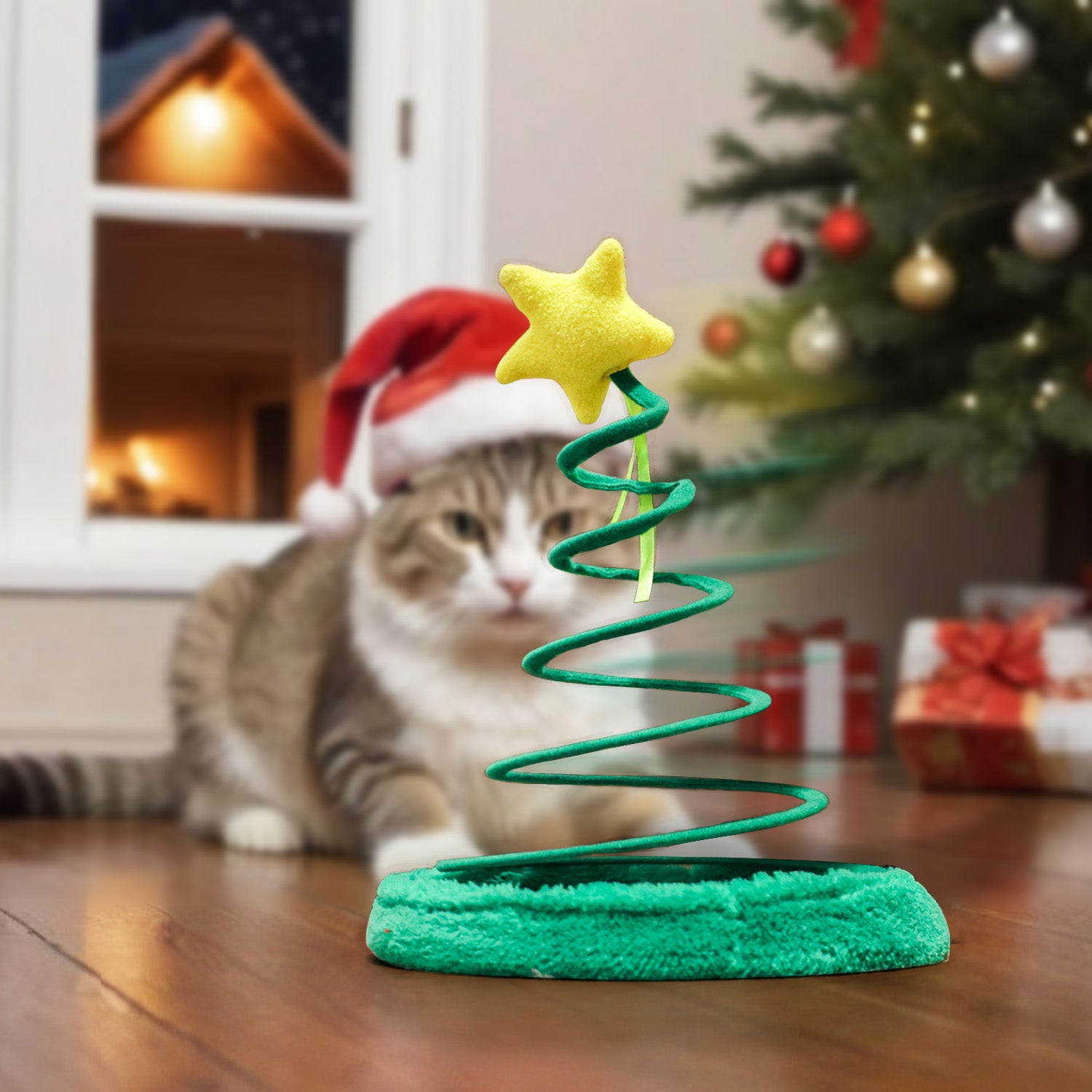 AFP-Allforpaws Christmas Tree  Cat Plush Spin Toy with Spiral Spring Plates