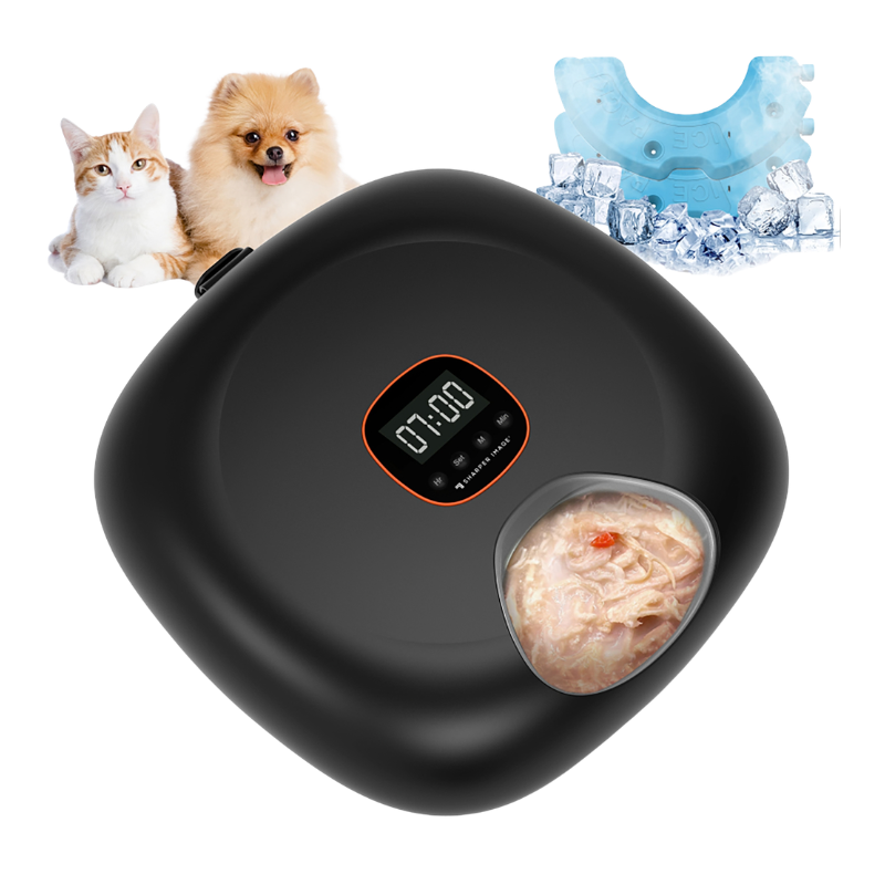 A black automatic pet feeder with a digital display screen and a transparent bowl showing wet cat food inside, set against a white background with decorative images of two cats and ice cubes.